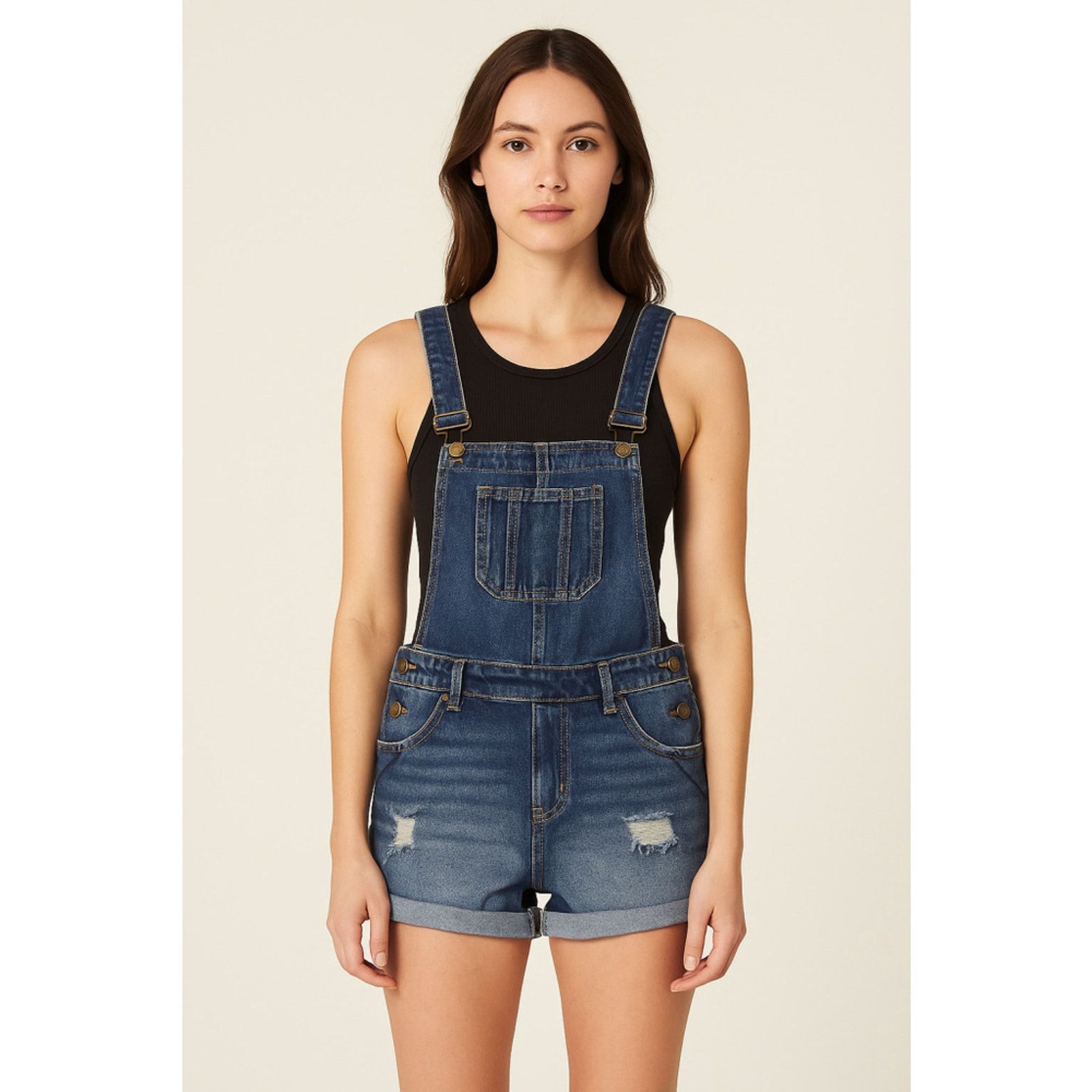 Other Wax Jean Denim Overalls Distressed Rolled Shorts Y2K Grunge Size 24" / US 00 / IT 34 - 1 Thumbnail
