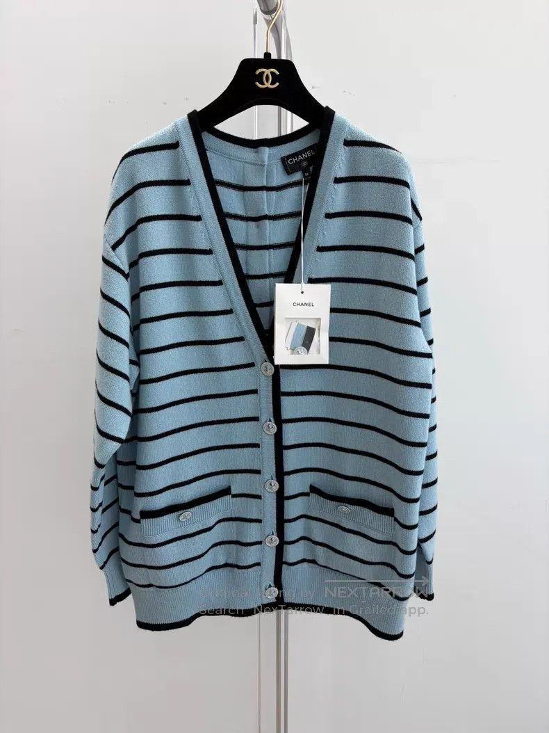 Chanel Blue and black striped button cardigan coat