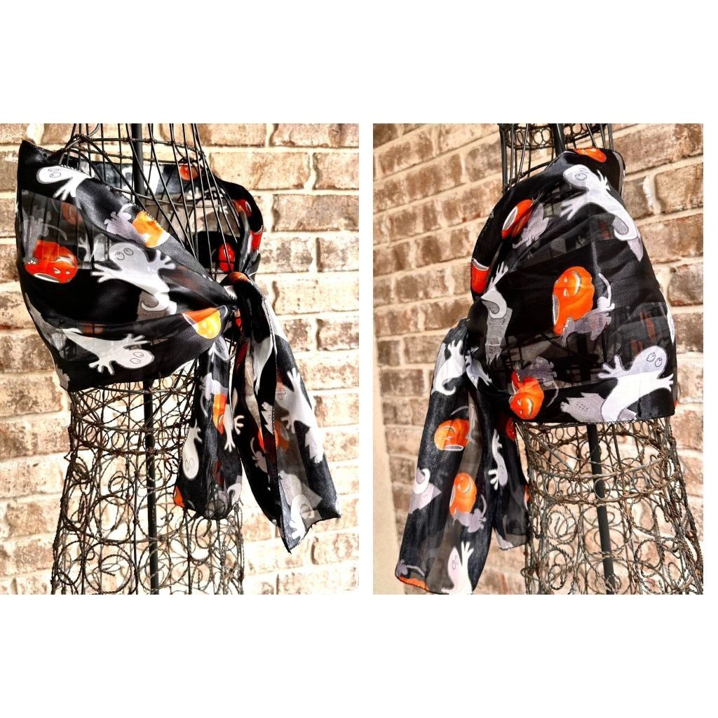 Vintage Halloween Scarf Black Gray Cats Ghosts Jack O Lantern Festiv Size ONE SIZE - 4 Thumbnail