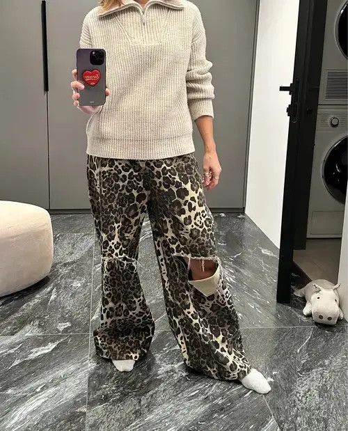 Designer × Jean Leopard Ripped Wide Leg Jeans Size 28" / US 6 / IT 42 - 2 Thumbnail