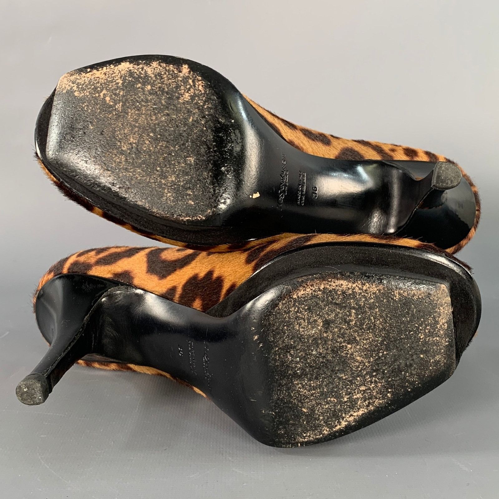 Yves Saint Laurent Tribute Brown Black Calf Hair Animal Print Platform Sandals Size US 6 / IT 36 - 6 Thumbnail