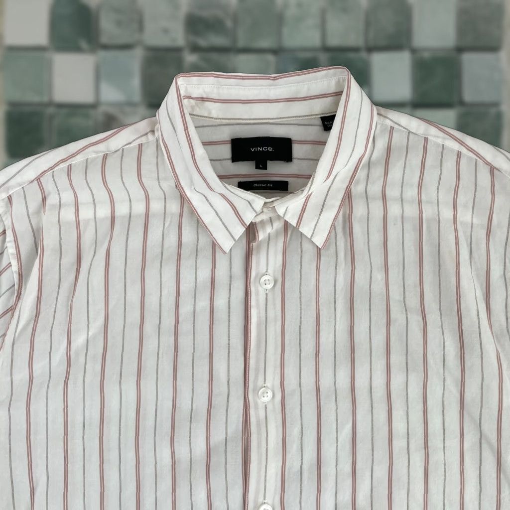 Vince Vince Shirt Men Large White Striped Lyocell Classic Fit Short Sleeve Casual Size US L / EU 52-54 / 3 - 1 Thumbnail