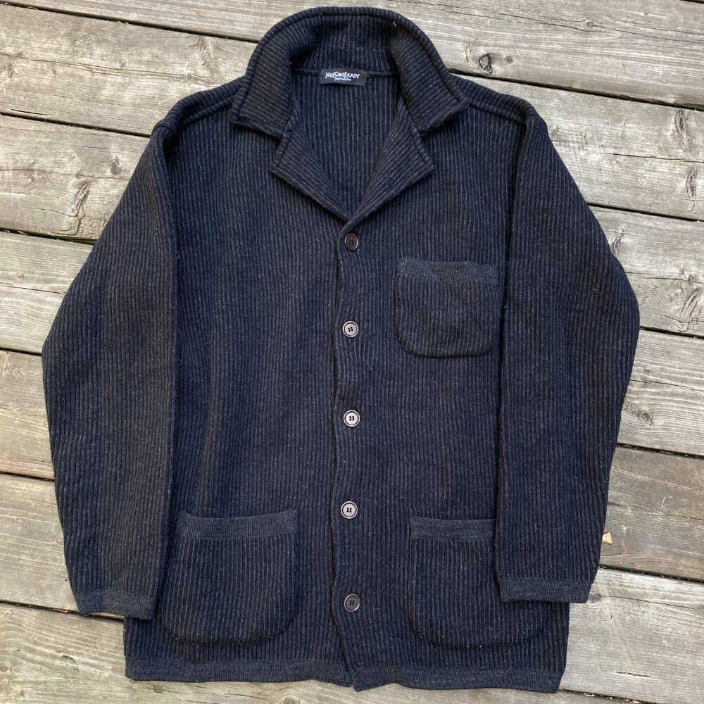 Vintage × Yves Saint Laurent Vintage 90s Yves Saint Laurent Wool Cardigan Charcoal Gray Size US L / EU 52-54 / 3 - 1 Thumbnail