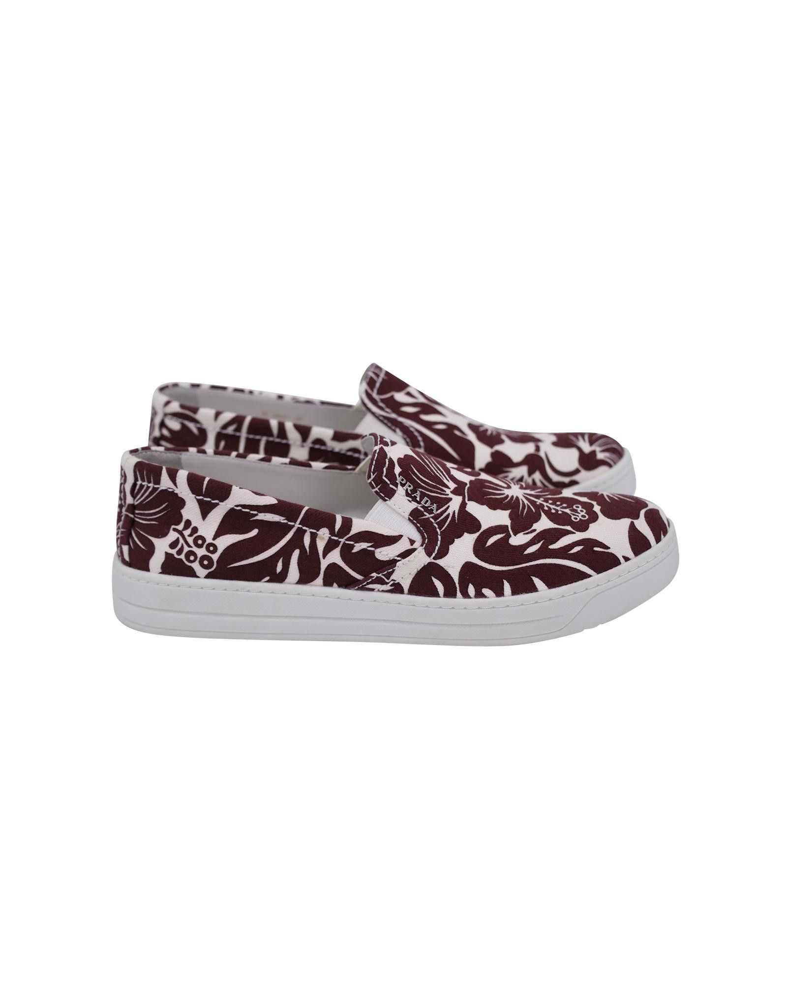 image of Prada Hibiscus-Print Slip-On Sneakers In Maroon Canvas in Red/Maroon, Women's (Size 7)