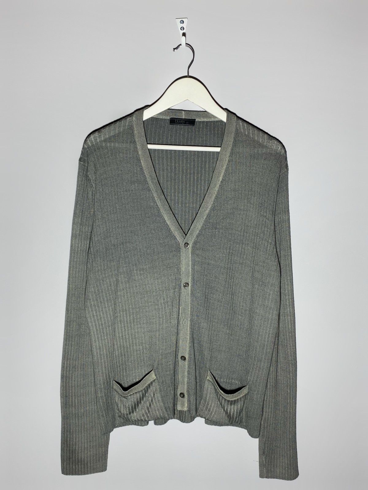 image of Prada Wool Silk Grey V-Neck Cardigan Sweater, Men's (Size XL)