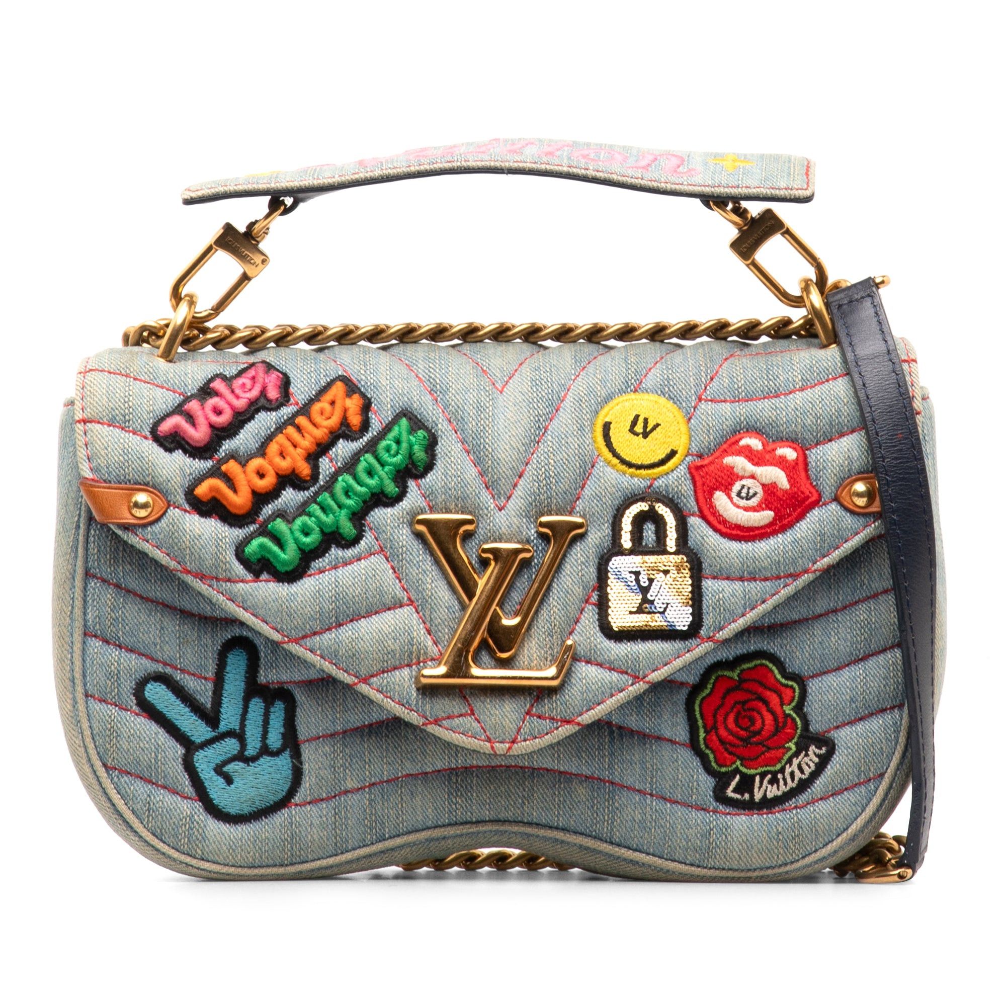 image of Louis Vuitton Limited Edition Denim Patches New Wave Chain Mm Crossbody Bag in Blue, Women's