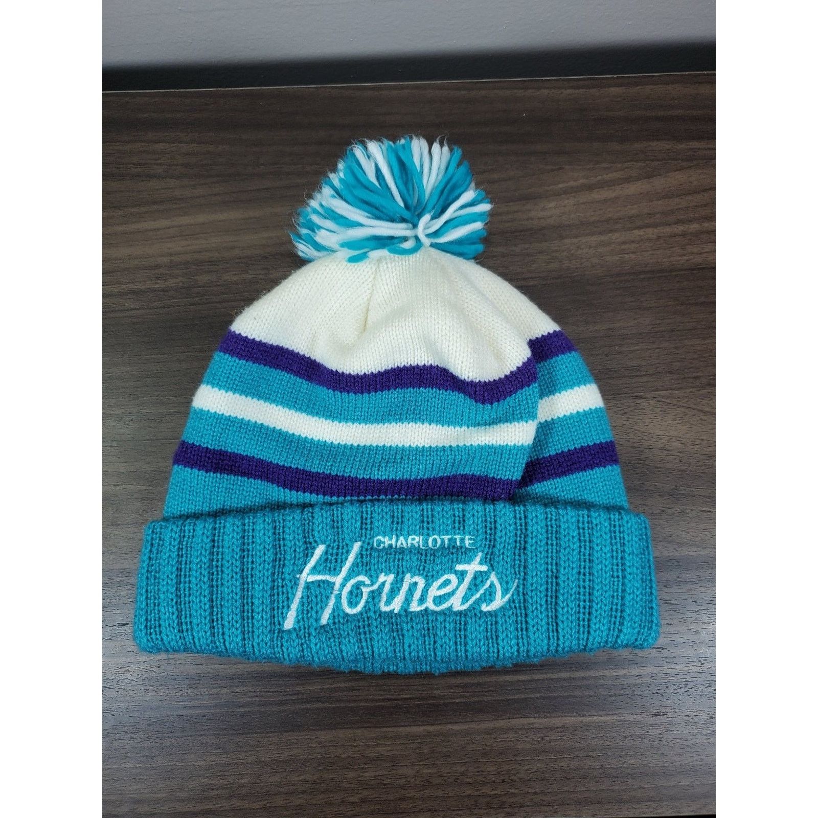 Mitchell & Ness × NBA Charlotte Hornets Script Winter Hat Pom Beanie Striped Knit Size ONE SIZE - 1 Thumbnail
