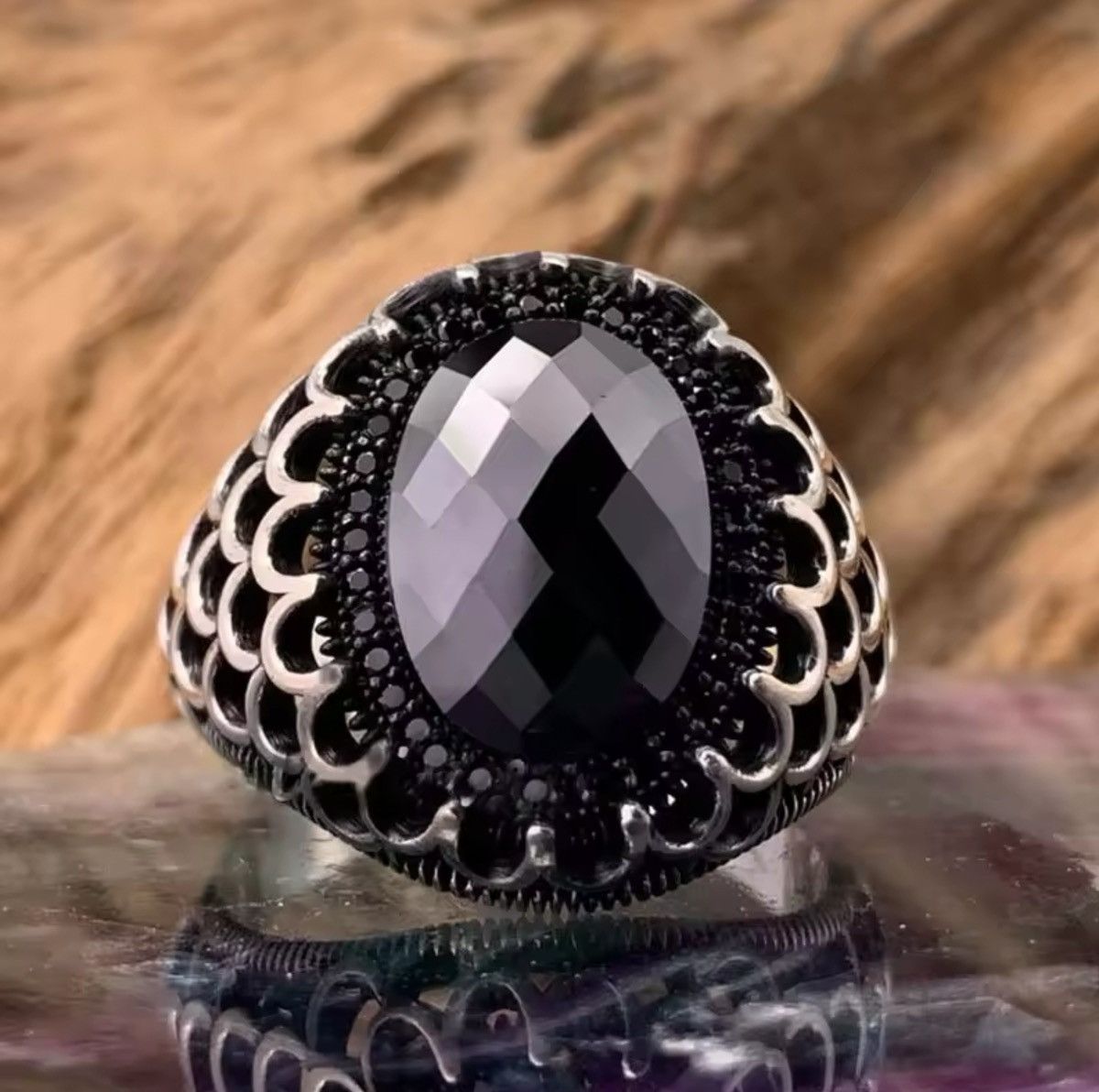 Jewelry Hollow Out Black Faceted Oval Crystal Ring Size ONE SIZE - 2 Thumbnail