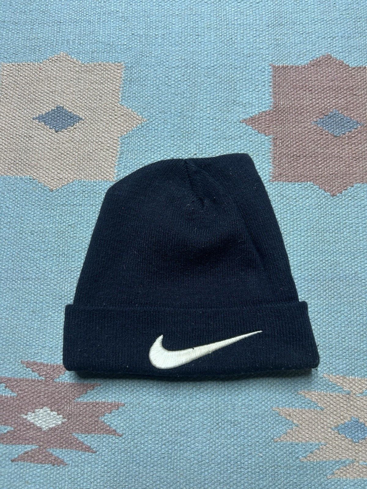 Vintage Vtg acrylic knit beanie Nike swoosh check logo black OSFA Size ONE SIZE - 2 Thumbnail