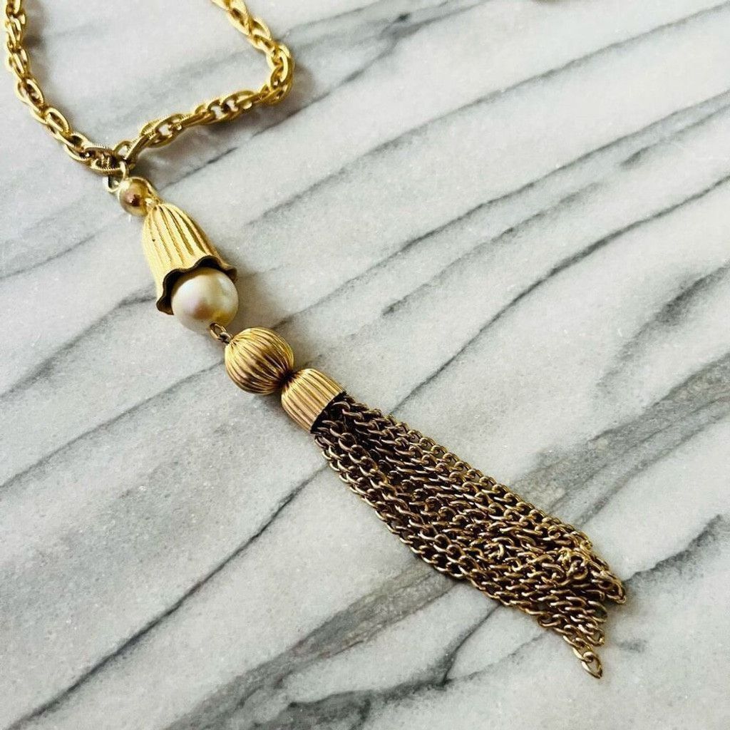 Vintage Vintage Tassel Chain Necklace Faux Pearl Beads Gold Size ONE SIZE - 2 Thumbnail