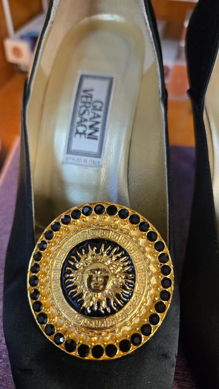 Slingback Versace Vintage Shoes Vintage Gianni Versace Black Satin Medusa  Sun Heels Size 36