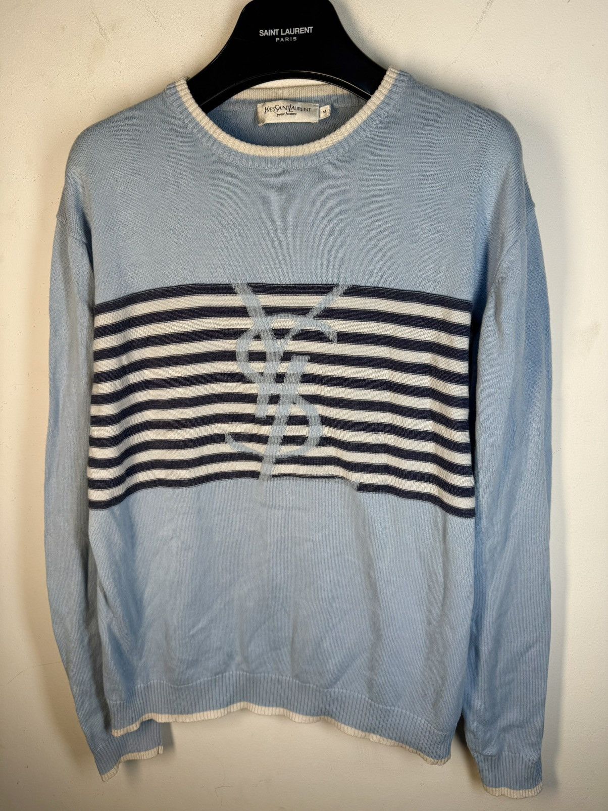 Yves Saint Laurent Blue YSL Sweater Knit Light Big Logo Size US M / EU 48-50 / 2 - 2 Thumbnail