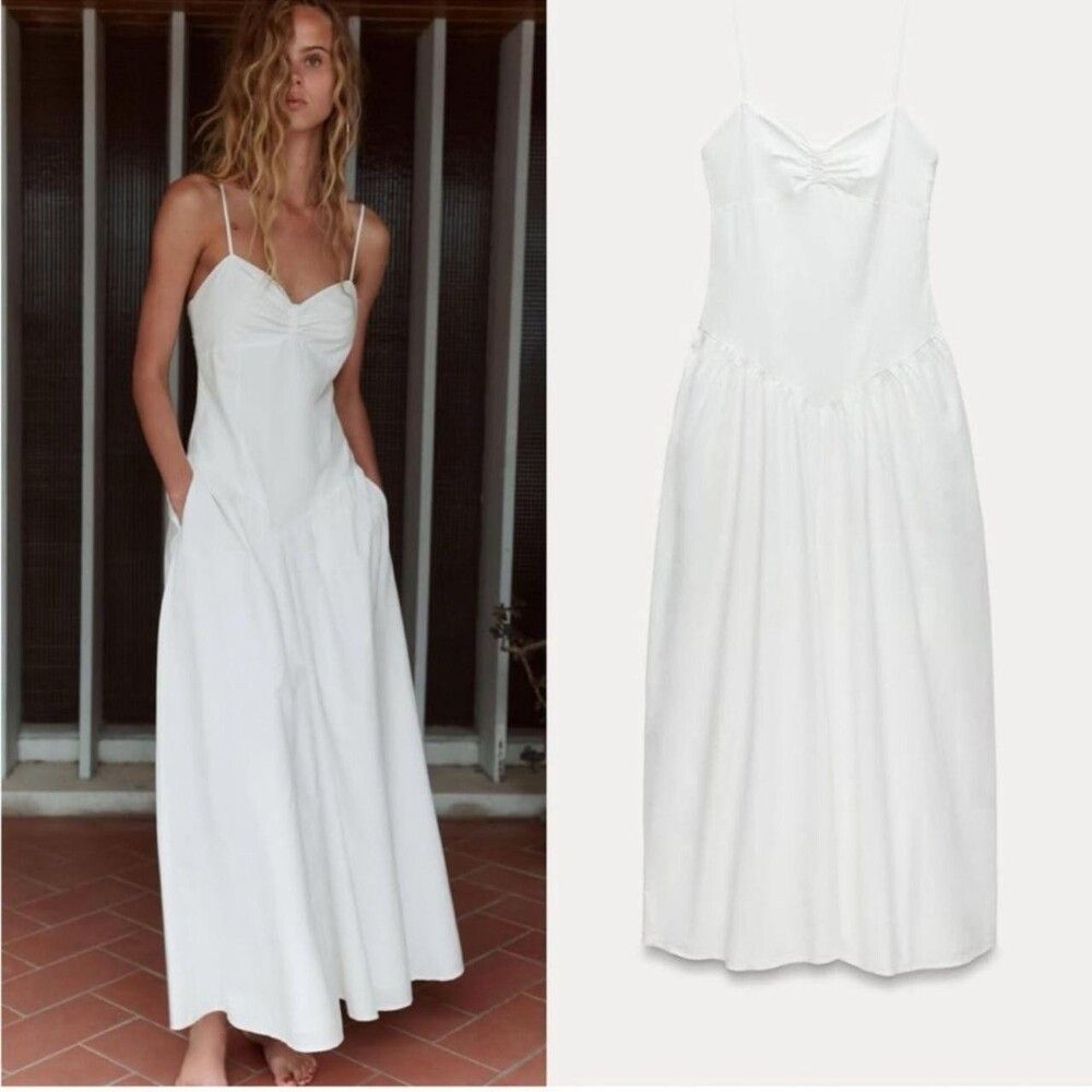Zara Zara White Cotton Strappy Gabardine Dress Size XS / US 0-2 / IT 36-38 - 1 Thumbnail