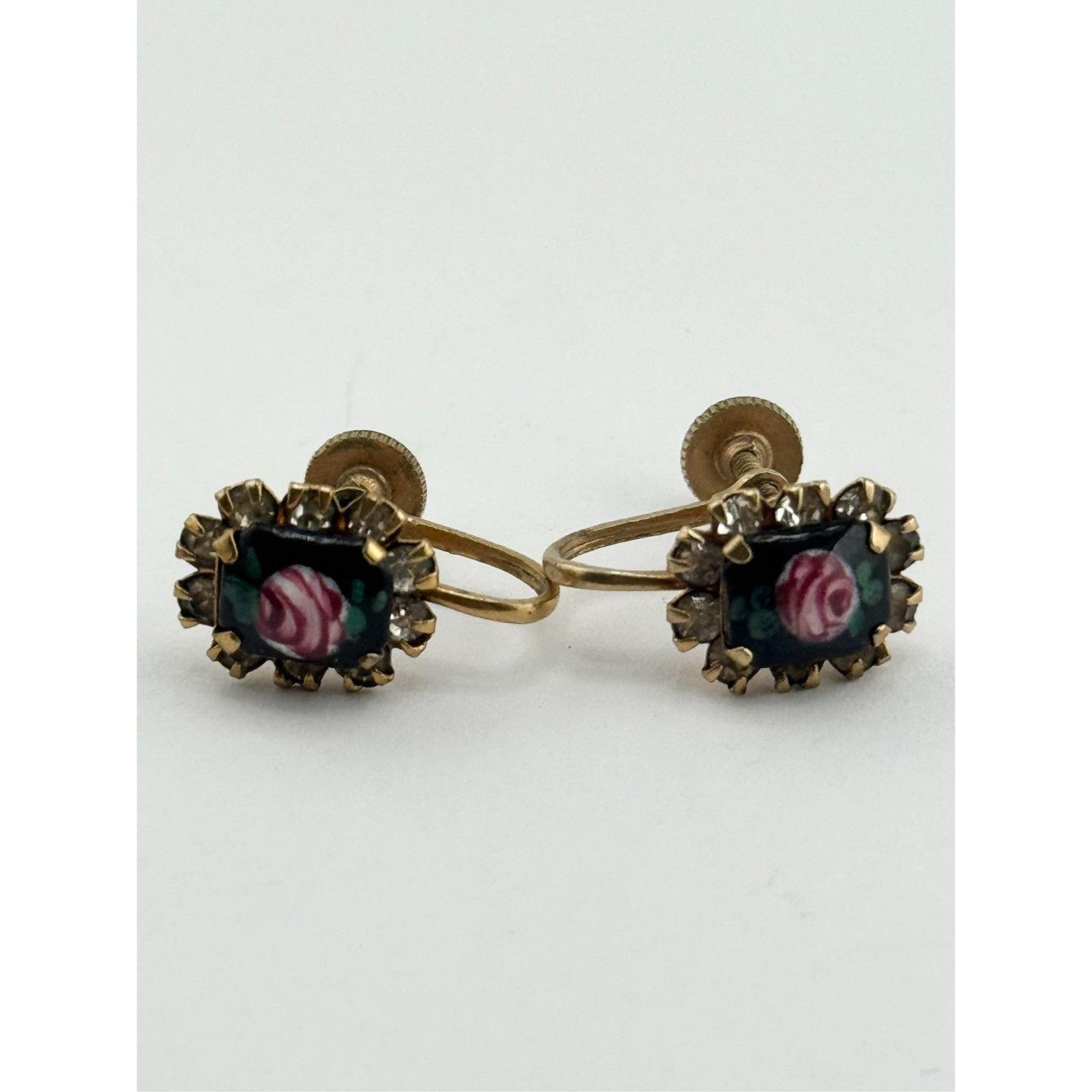 Vintage Vintage black enamel flower rhinestone screw back earrings Size ONE SIZE - 2 Thumbnail