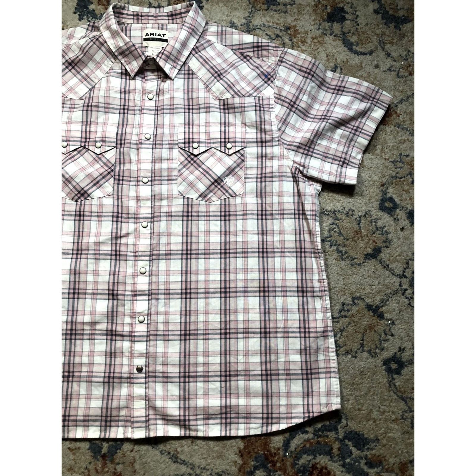 Ariat Ariat Shirt Mens 2XL Pink White Plaid Retro Fit Short Sleeve Western Pearl Snap Shirt Size US XXL / EU 58 / 5 - 4 Thumbnail