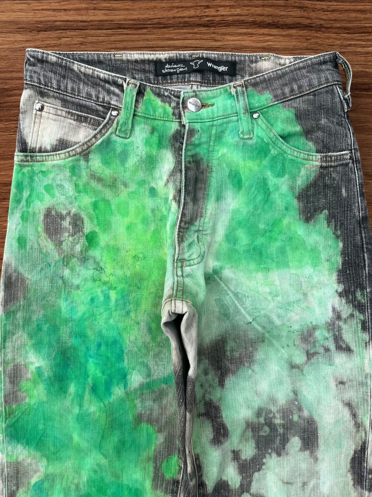 Vintage × Wrangler Vintage Wrangler Green Paint Tye Die Straight Leg Jeans Size US 28 / EU 44 - 4 Thumbnail