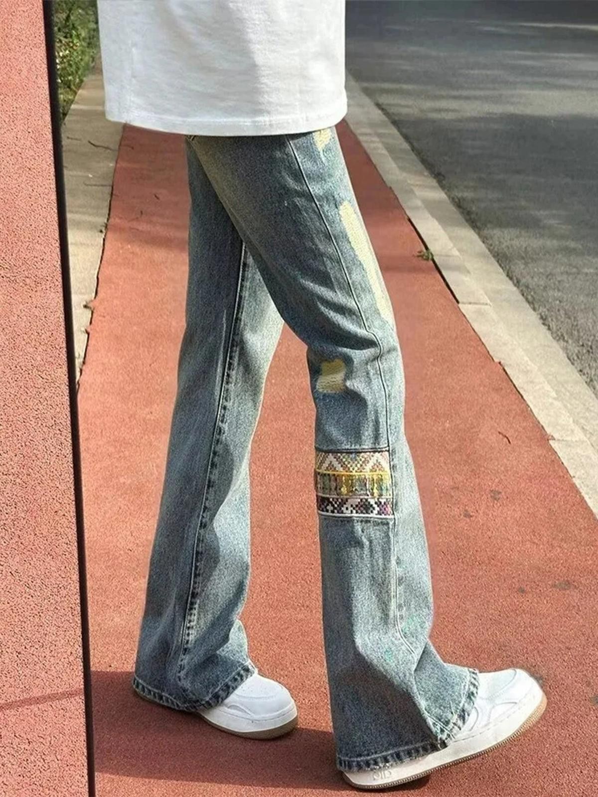 Japanese Brand Light Blue Distressed Flared Denim Jeans with Patch Size US 30 / EU 46 - 2 Thumbnail