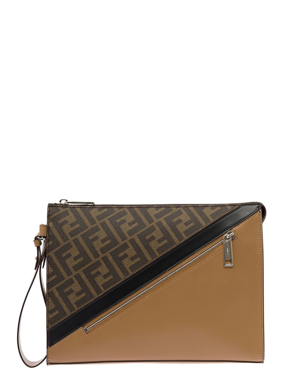 Fendi Brown Flat Pouch with Leather Diagonal Insert Man Fendi Size ONE SIZE - 1 Thumbnail