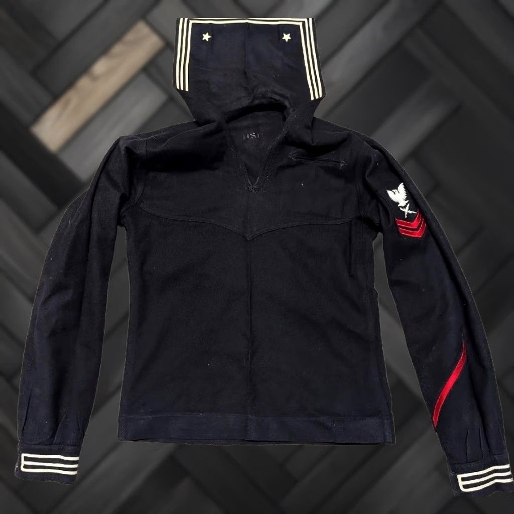 Vintage USN UNIFORM Shirt, US Navy, WWII Vintage Blue Wool Smock, SMALL, Men, Shirt-Jacket, 38 Chest, 1940s, Blue Mens Smock Shirt Size US S / EU 44-46 / 1 - 1 Thumbnail