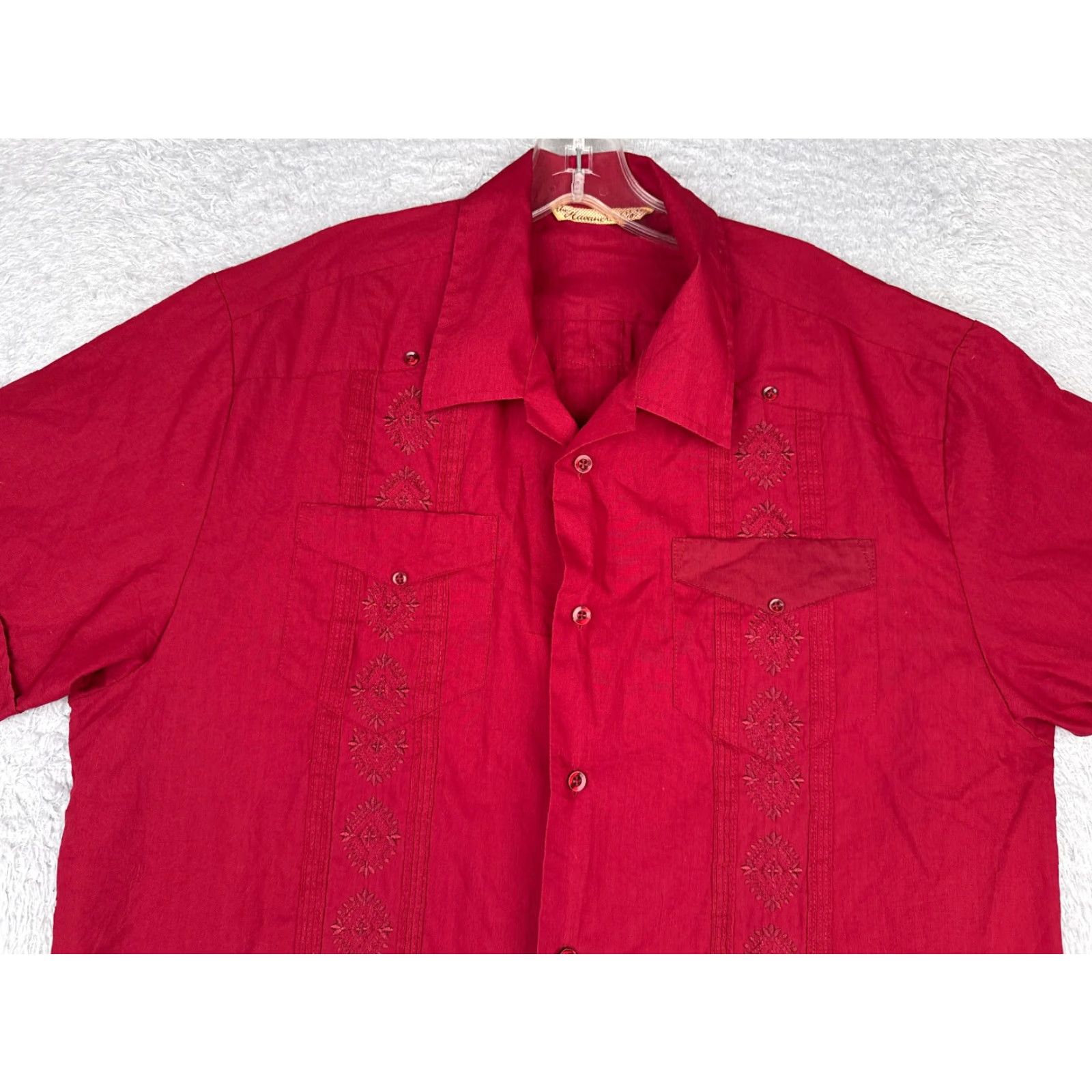 CO Havanera Guayabera Shirt Men Large Red Button Up 4 Pocket Poly Blend READ Size US L / EU 52-54 / 3 - 4 Thumbnail