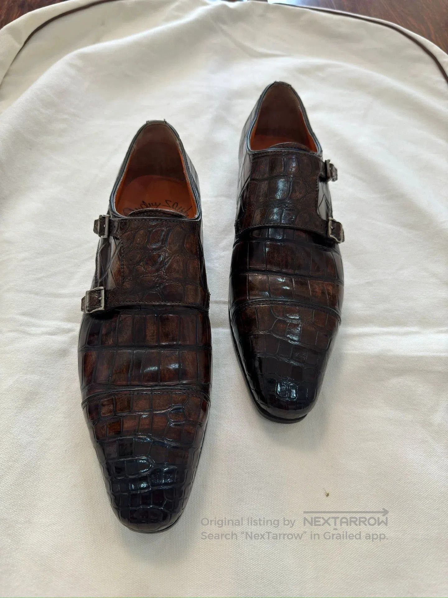 Santoni Brown Crocodile Texture Double Monk Strap Formal Shoes. Size US 6.5 / EU 39-40 - 2 Thumbnail