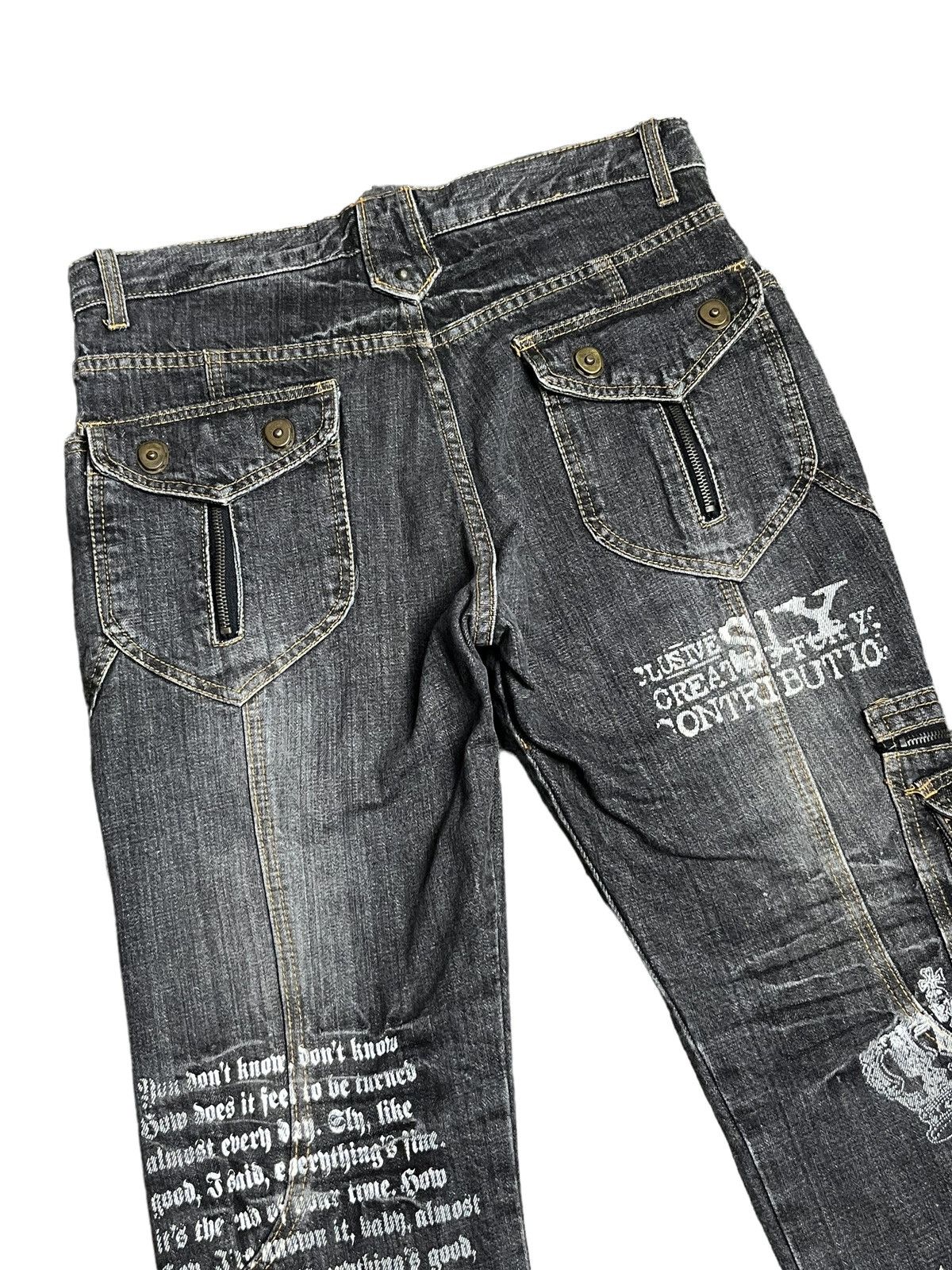 If Six Was Nine 🔥EVOLUTION Retro Punk Poems Multipocket Flare Denim Jeans Size US 31 - 11 Thumbnail