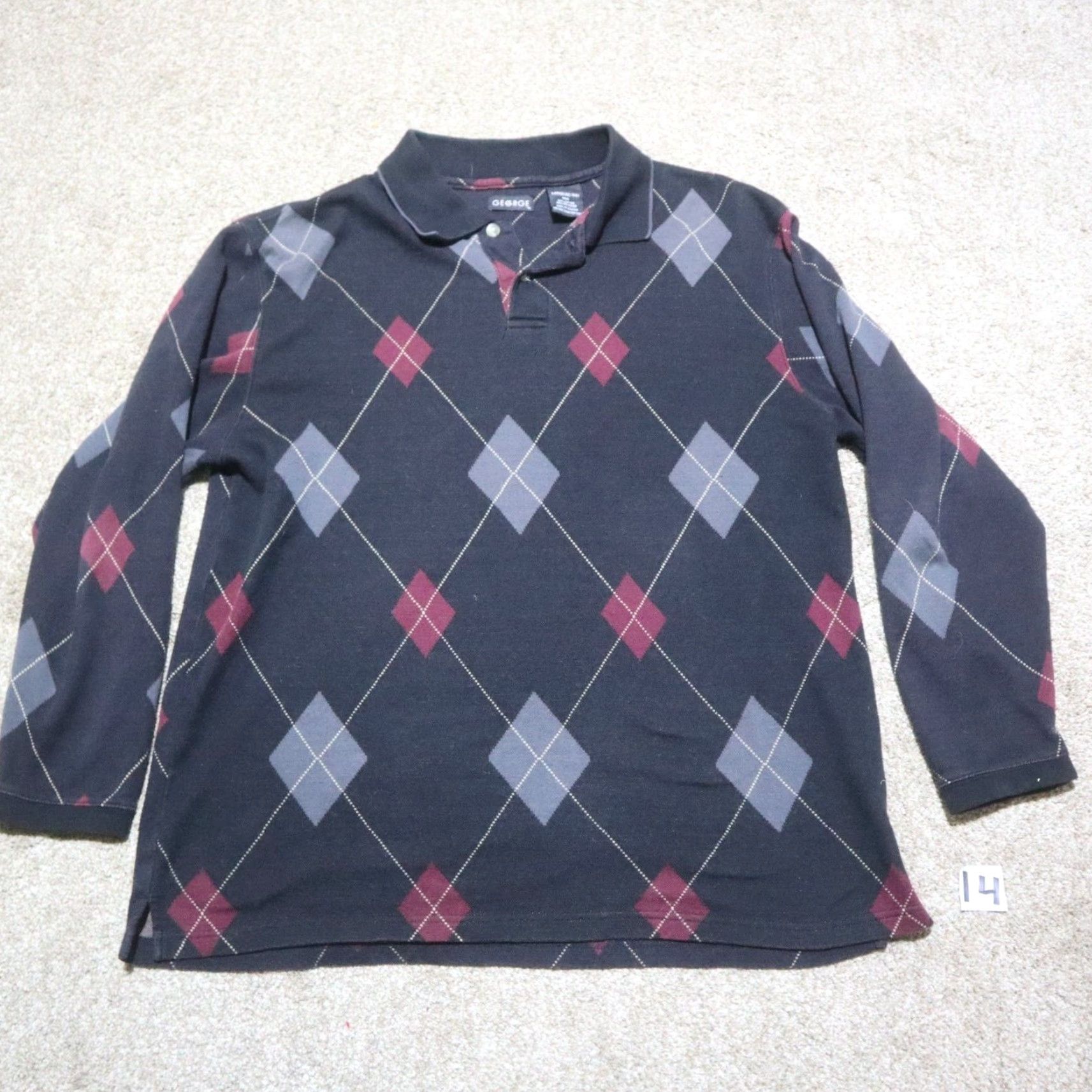 George George Polo Sweater Mens L Black Cotton Knit Long Sleeve V-Neck Pullover Argyle Striped Classic American Style Size US L / EU 52-54 / 3 - 2 Thumbnail