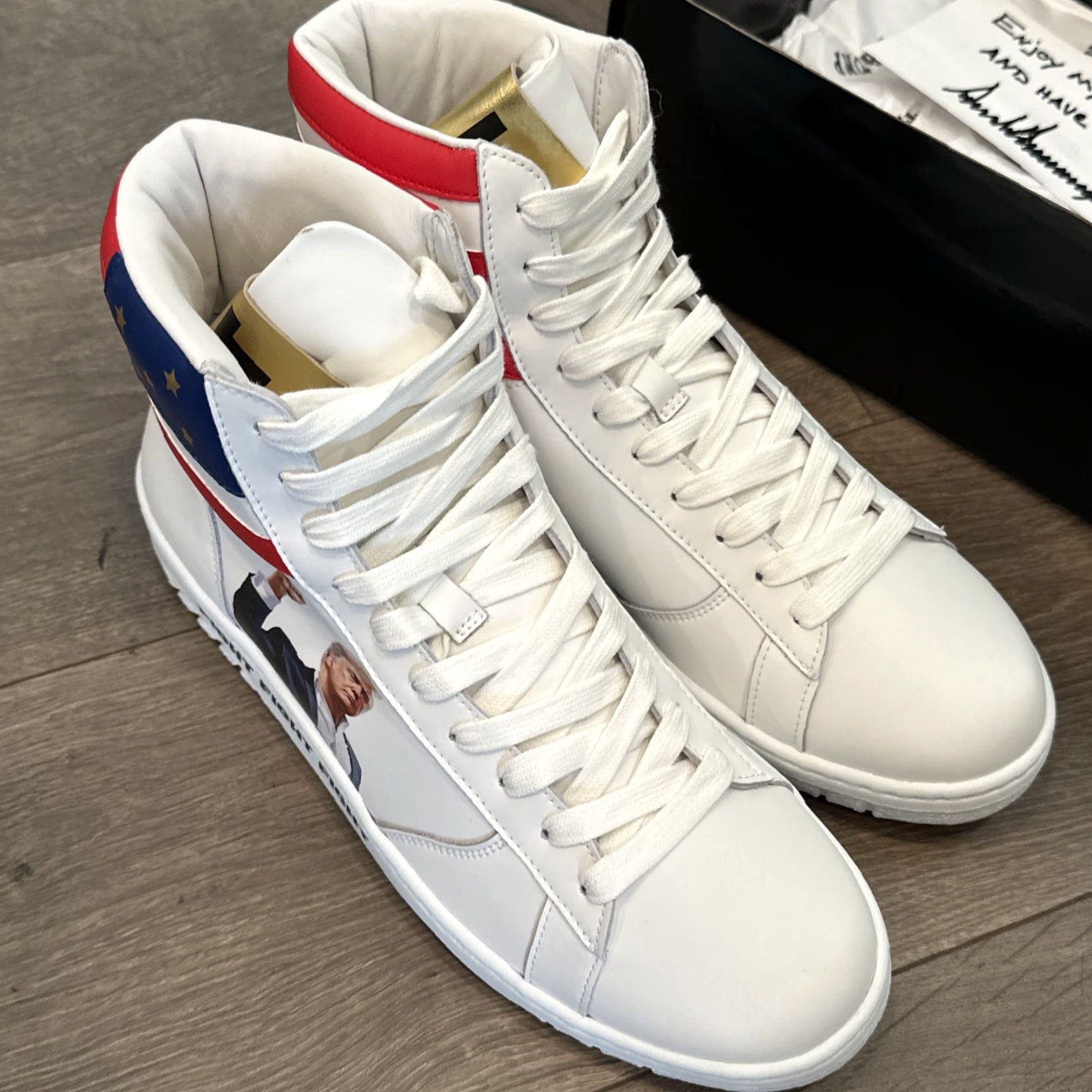 Vintage Trump Sneakers High Top White Mens Size 11 FIGHT MAGA 3612/5000 SIGNED Leather Upper Athletic Shoes Size US M / EU 48-50 / 2 - 4 Thumbnail