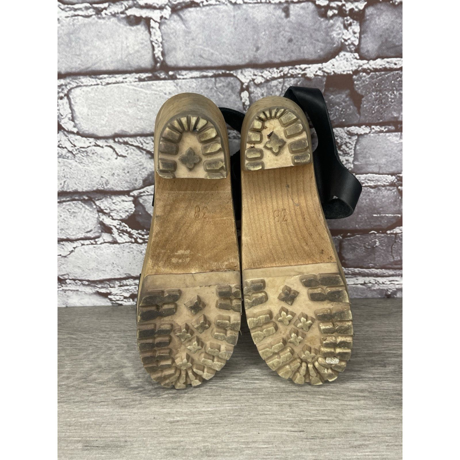 Swedish Hasbeens Swedish Hasbeens Black Leather Wooden Heel Peep Toe Ankle St Size US 7.5 / IT 37.5 - 8 Thumbnail