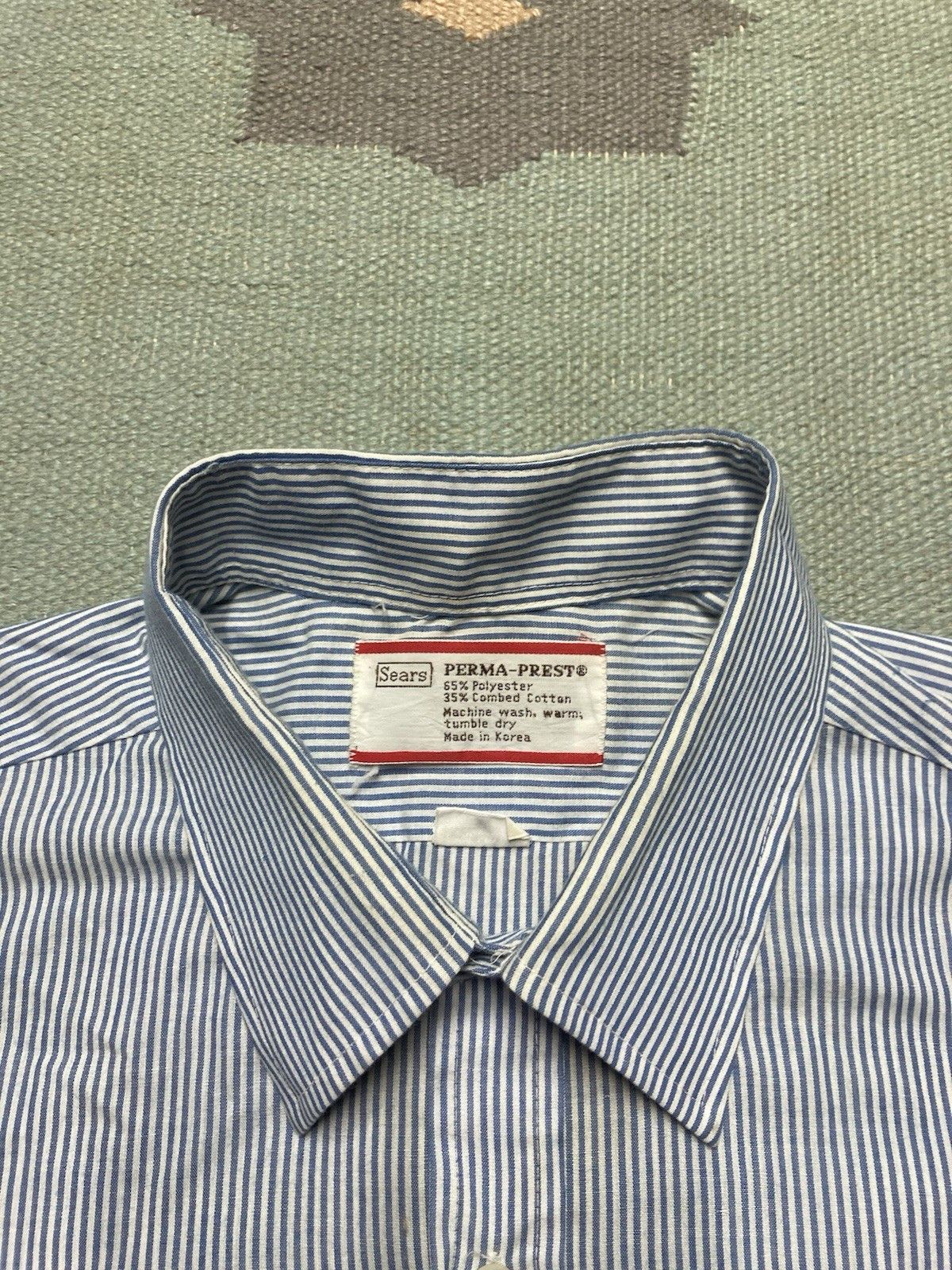Vintage 80s button shirt Sears poly cotton pinstripe blue men’s XL Size US XL / EU 56 / 4 - 3 Thumbnail