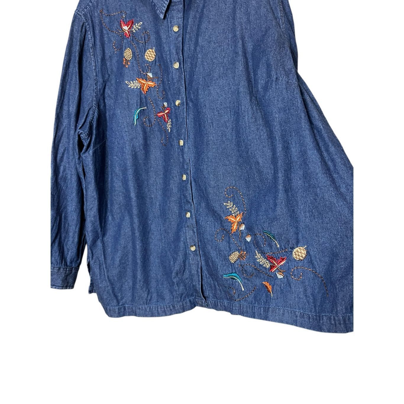Other Vintage Liz & Me Fall Autumn Embroidered Leaves Denim Button Down Shirt Size 2X Size 3XL / US 20-22 - 3 Thumbnail
