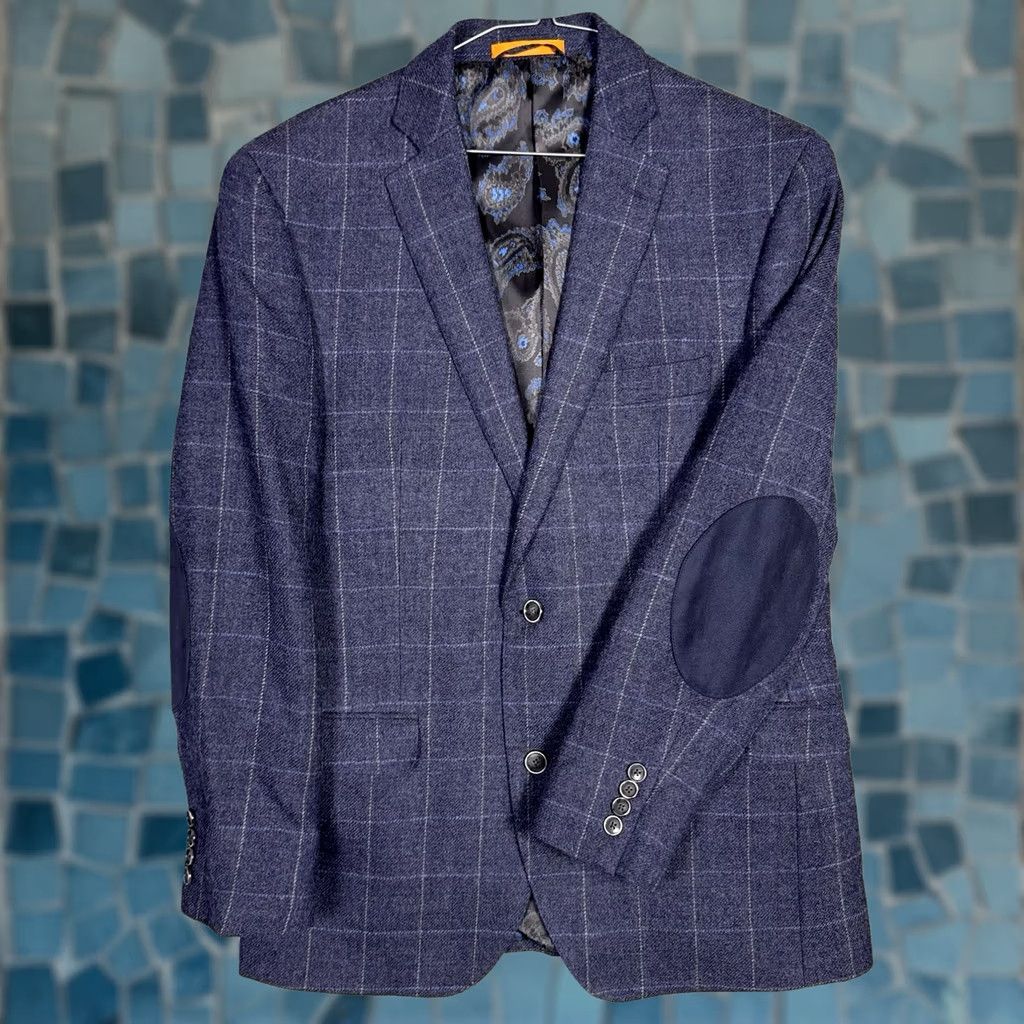 Tallia Tallia Blazer Mens 40R Elbow Patches Windowpane 100% Wool Sport Coat Jacket Blazer Woman Mens? Size 40R - 1 Thumbnail