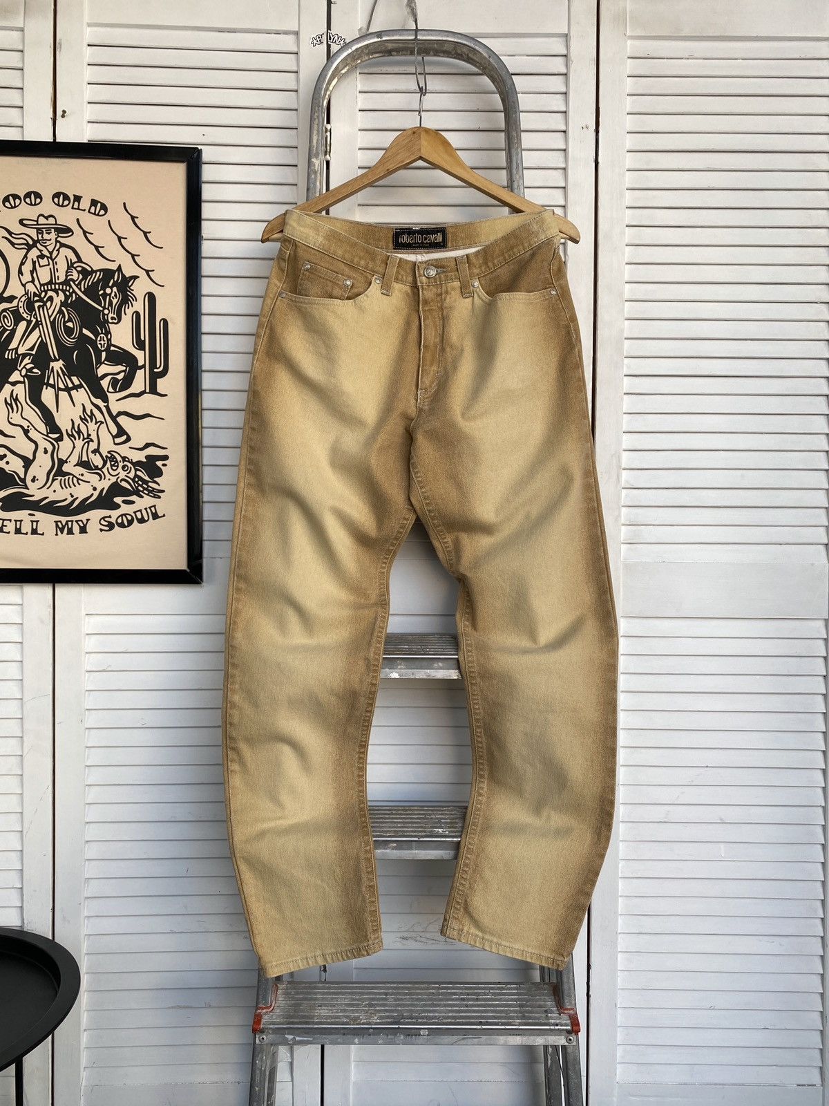 Roberto Cavalli × Vintage Roberto Cavalli Sand Wash Jeans Logo Metal Buttons & Sunset Size 29" - 1 Thumbnail