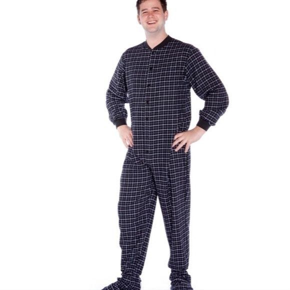 Vintage Big Feet Pajama Black Plaid Cotton Flannel Onesie Drop Seat Size US 37 - 1 Thumbnail