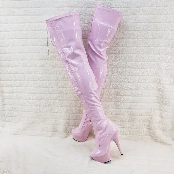 Other Baby Pink White Patent Platform Thigh High Heel Front Zipper Size US 7 / IT 37 - 8 Thumbnail