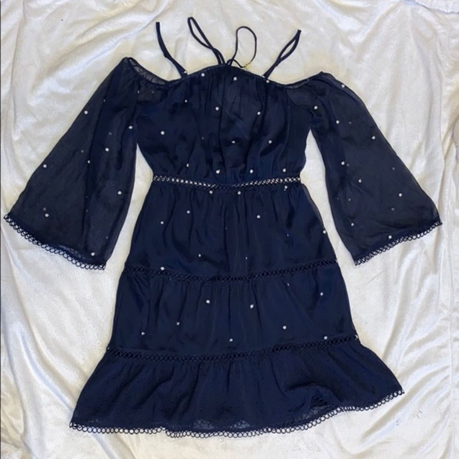 Other Aqua Navy Blue Embroidered Cold Shoulder Mini Dress | Sz S Size S / US 4 / IT 40 - 2 Thumbnail