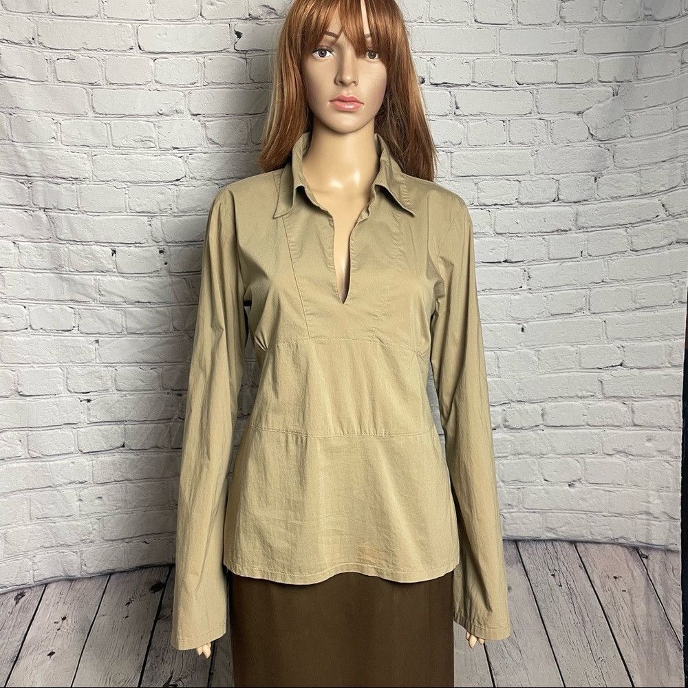 United Colors Of Benetton Benetton Beige Cotton V-Neck Stretch Blouse With Back Tie S Size L / US 10 / IT 46 - 1 Thumbnail