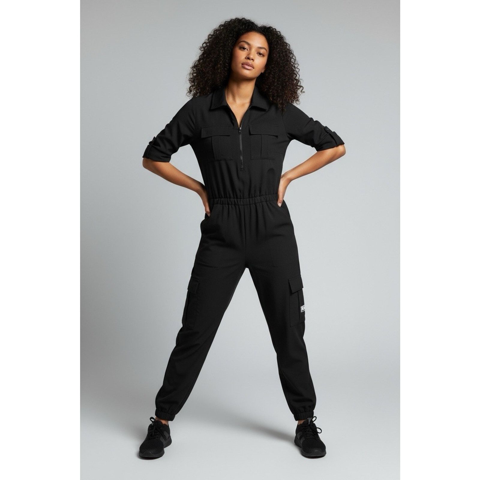 DKNY DKNY Black Utility Cargo Jumpsuit Womans L Tab Sleeve Travel Size 29" - 4 Thumbnail