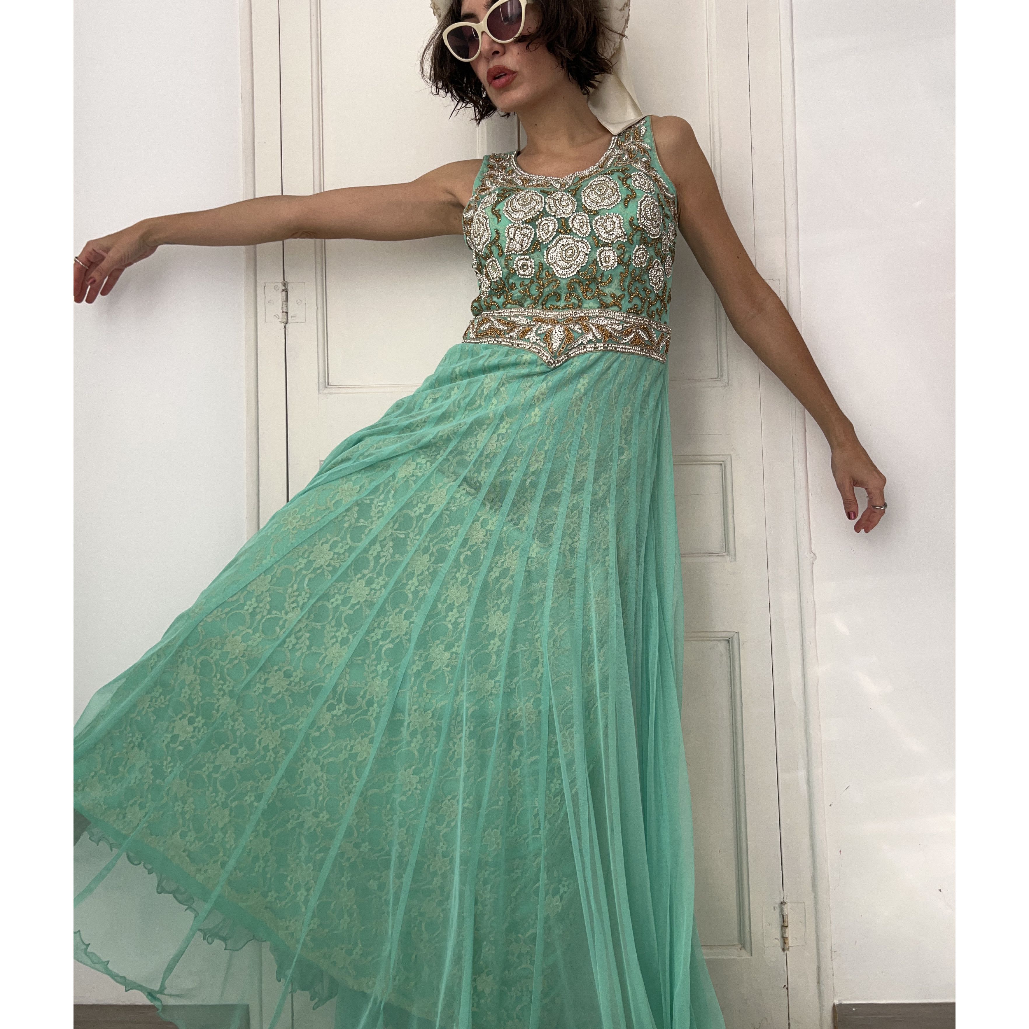 Vintage Mint Green Gold Embroidered Anarkali Gown Size M / US 6-8 / IT 42-44 - 6 Thumbnail