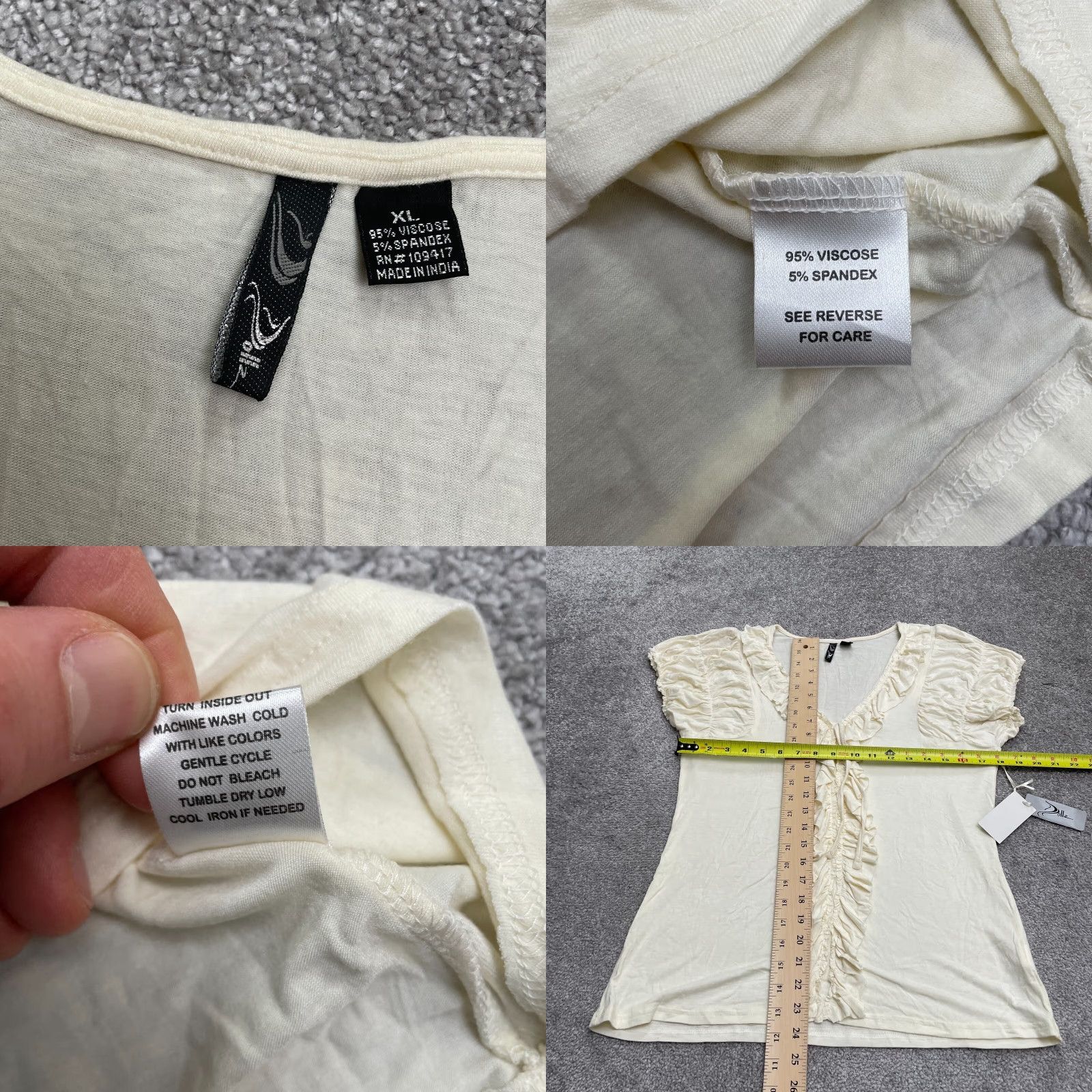 Vintage Dollz Blouse Shirt Womens XL Ivory V-Neck Short Sleeve Casual Stretch NWT Ruffle Knit Lightweight Easy Care Solid Designer 90s? Size XL / US 12-14 / IT 48-50 - 8 Thumbnail