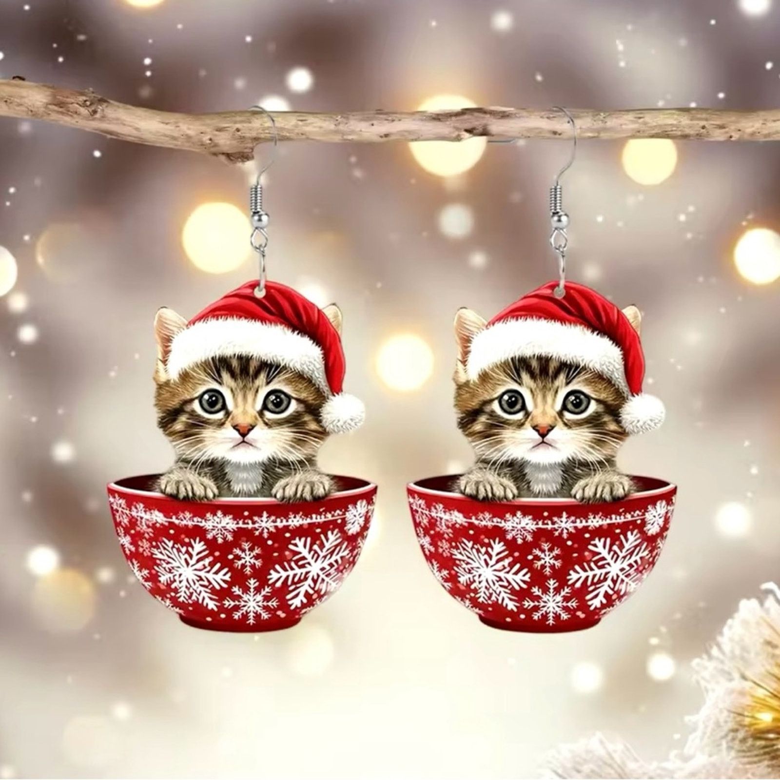 Other Cute 2D Kitten Christmas Earrings Snowflake Tea Cup Earrings Size ONE SIZE - 4 Thumbnail