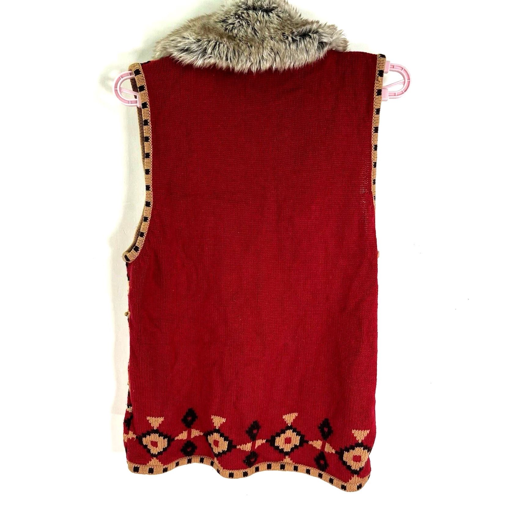 Vintage VTG Vintage Vest Open Knit Fur Trim Beaded Fair Isle Red Womens M Sleeveless V-Neck 90s Boho Grunge Theme Size M / US 6-8 / IT 42-44 - 6 Thumbnail
