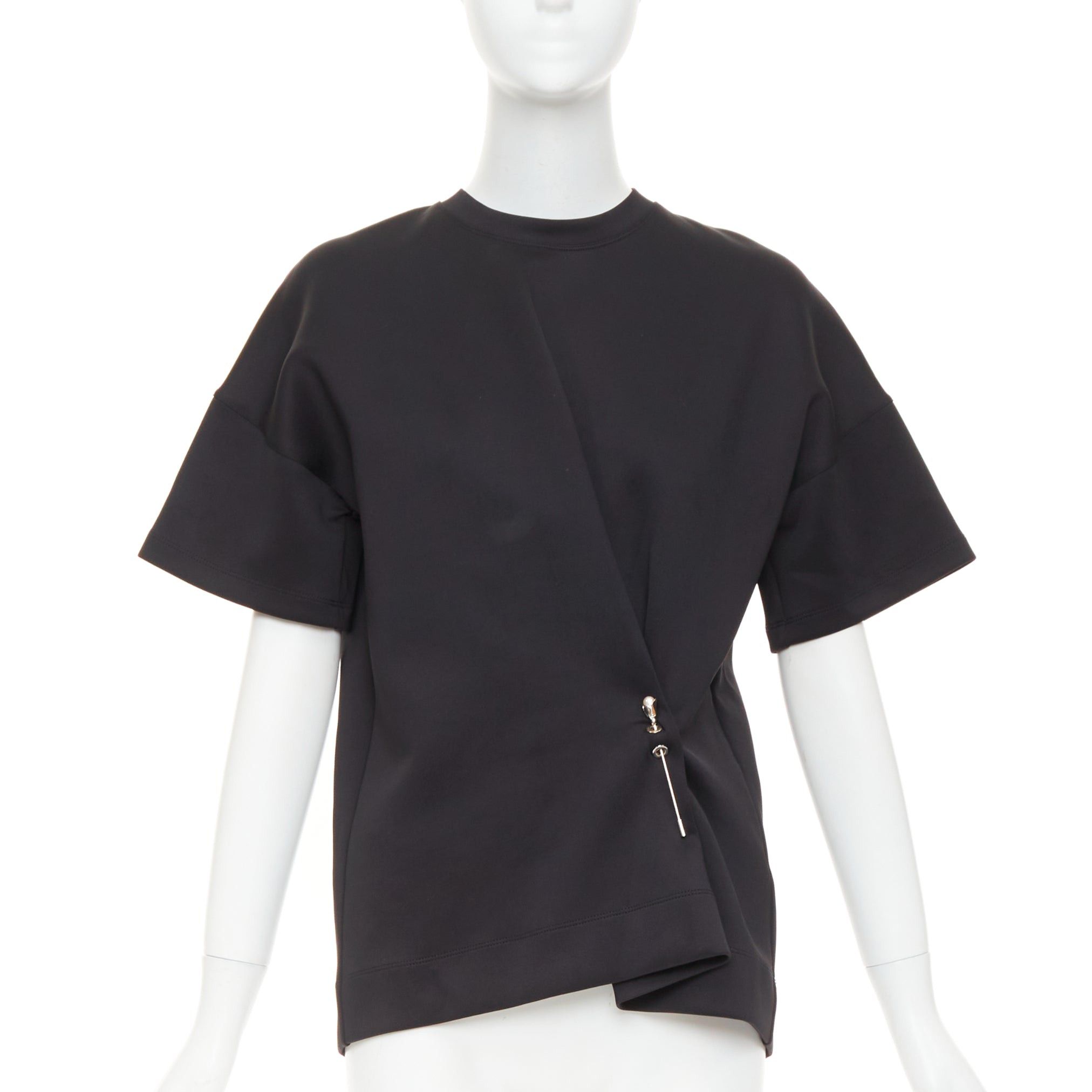 Balenciaga BALENCIAGA 2015 Runway black neoprene pearl pin asymmetric draped boxy top S Size S / US 4 / IT 40 - 1 Thumbnail