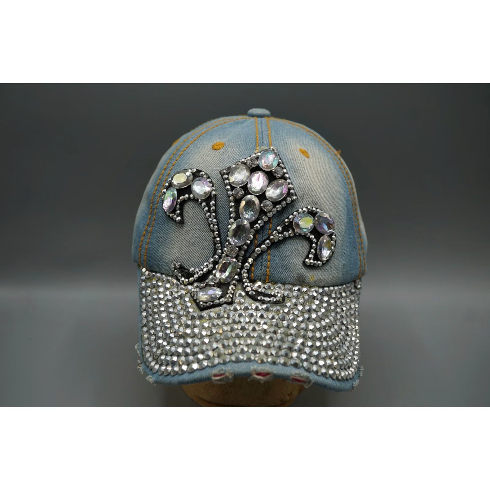 Denime VINTAGE Bling Fleur de Lis Denim Baseball Cap Women One Size Adjustable Blue Rhinestone Silver Glam Sparkle 90s Festival Party Hat Size ONE SIZE - 2 Thumbnail