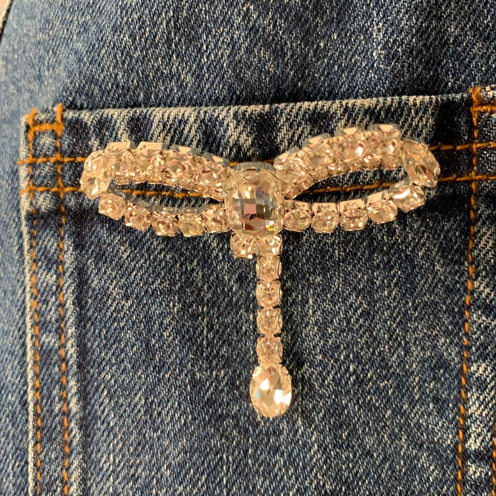 Self-Portrait 4 Diamante Bow Blue Cotton Rhinestones A-Line Mini Skirt Size 27" / US 4 / IT 40 - 3 Thumbnail