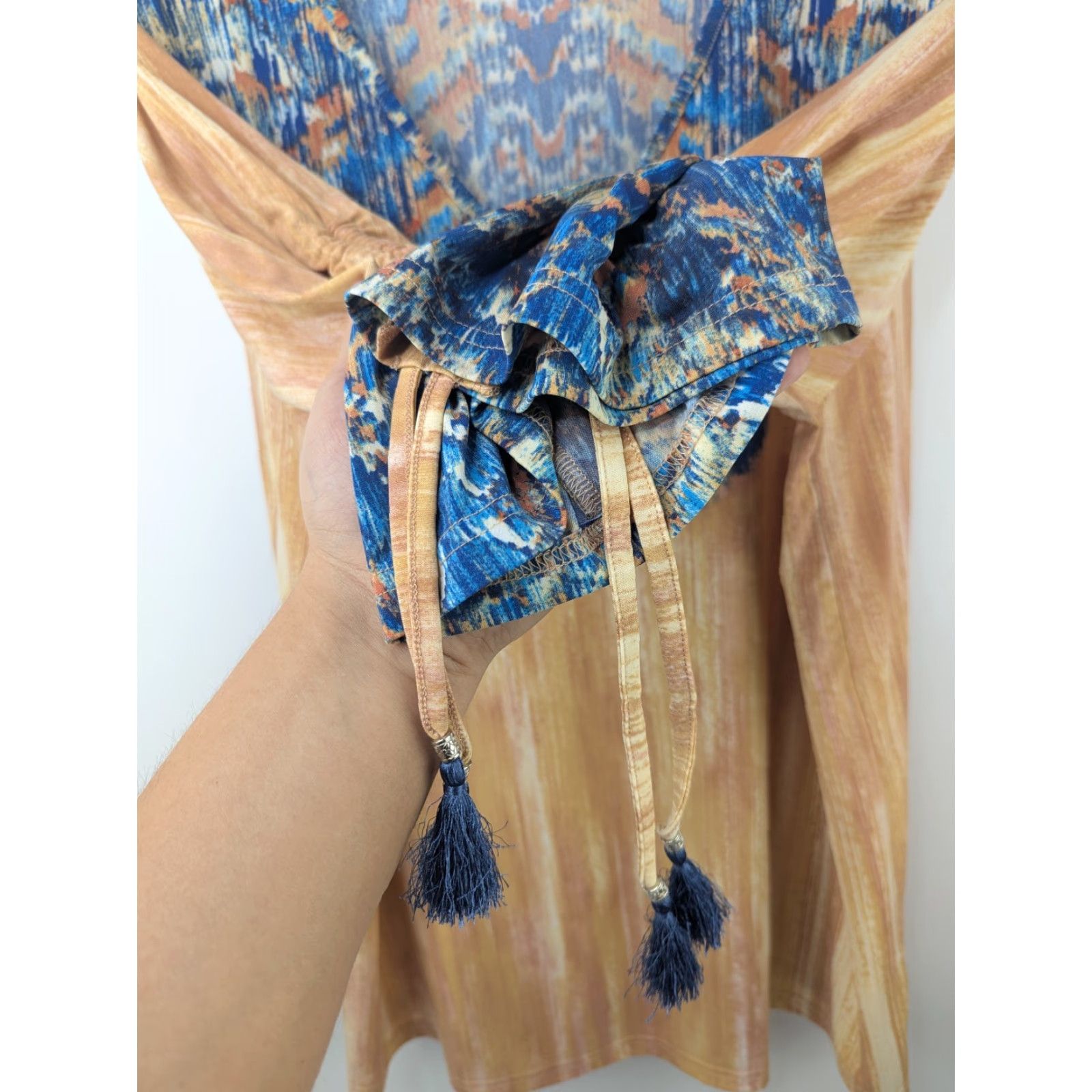 Vintage Belle by Kim Gravel Blouse 1X Blue Orange Bohemian Print V-Neck 3/4 Sleeve Shirt Womens Size XL / US 12-14 / IT 48-50 - 3 Thumbnail