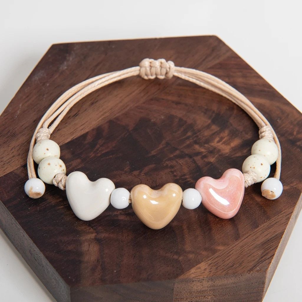 Handmade Triple Heart Ceramic Bracelet Handmade Jewelry Gift For Her Size ONE SIZE - 3 Thumbnail