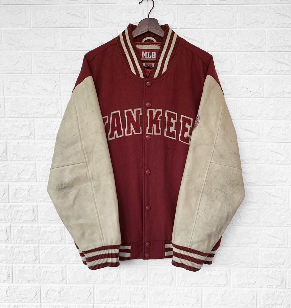 Vintage 90s Yankees Wool Varsity Leather Jacket Embroidered