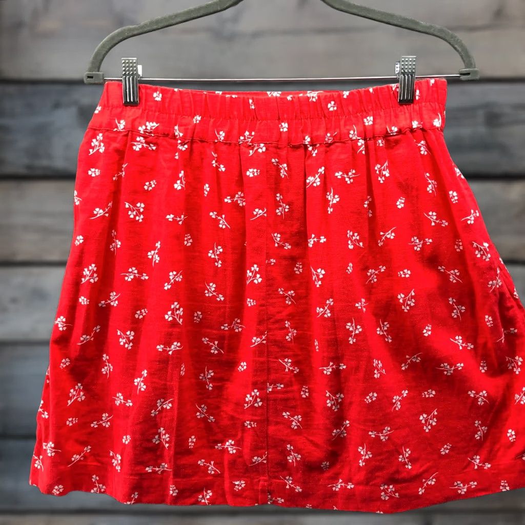 Loft LOFT Mini Skirt Womens S Red White Floral Pull On Linen Blend Ditzy Flare Skirt Size 28" / US 6 / IT 42 - 1 Thumbnail