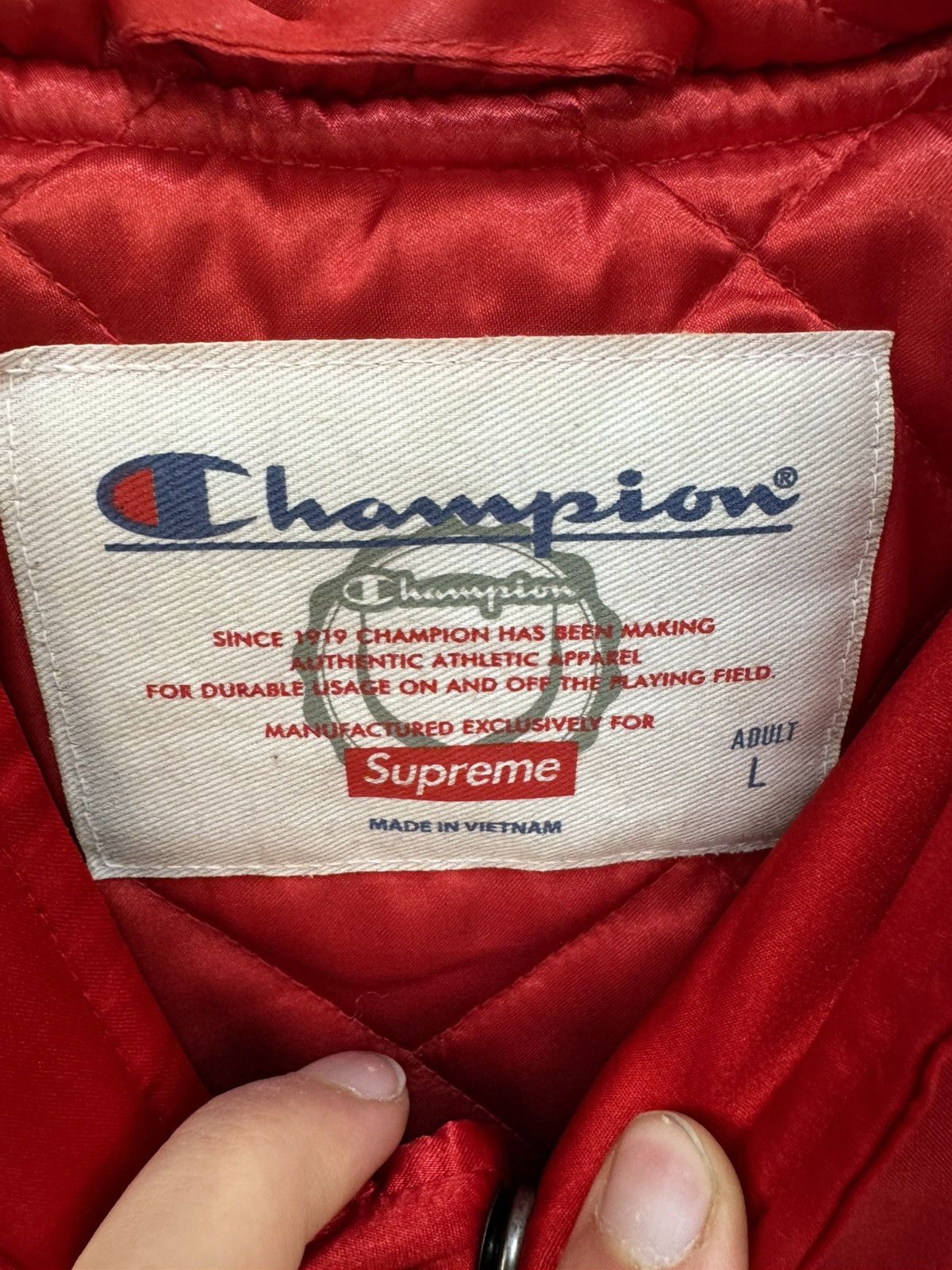 Champion × Supreme Supreme Champion Satin Varsity Bomber Size US L / EU 52-54 / 3 - 6 Thumbnail